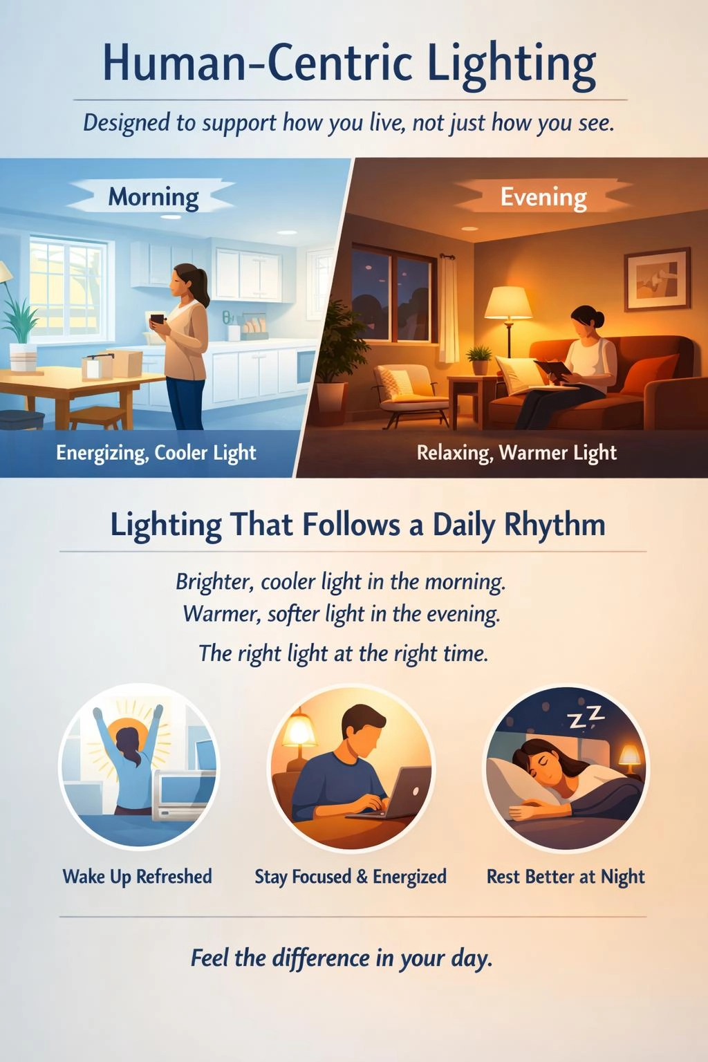Human-centric lighting showing bright cooler light during the day and warmer dimmer light in the evening