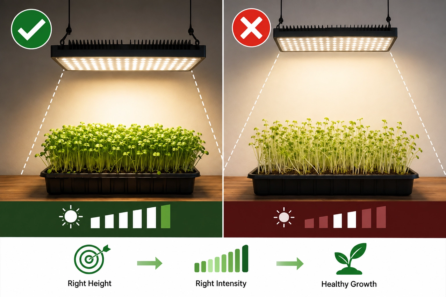 Comparison of lower grow light placement with stronger focused coverage and higher placement with wider weaker coverage