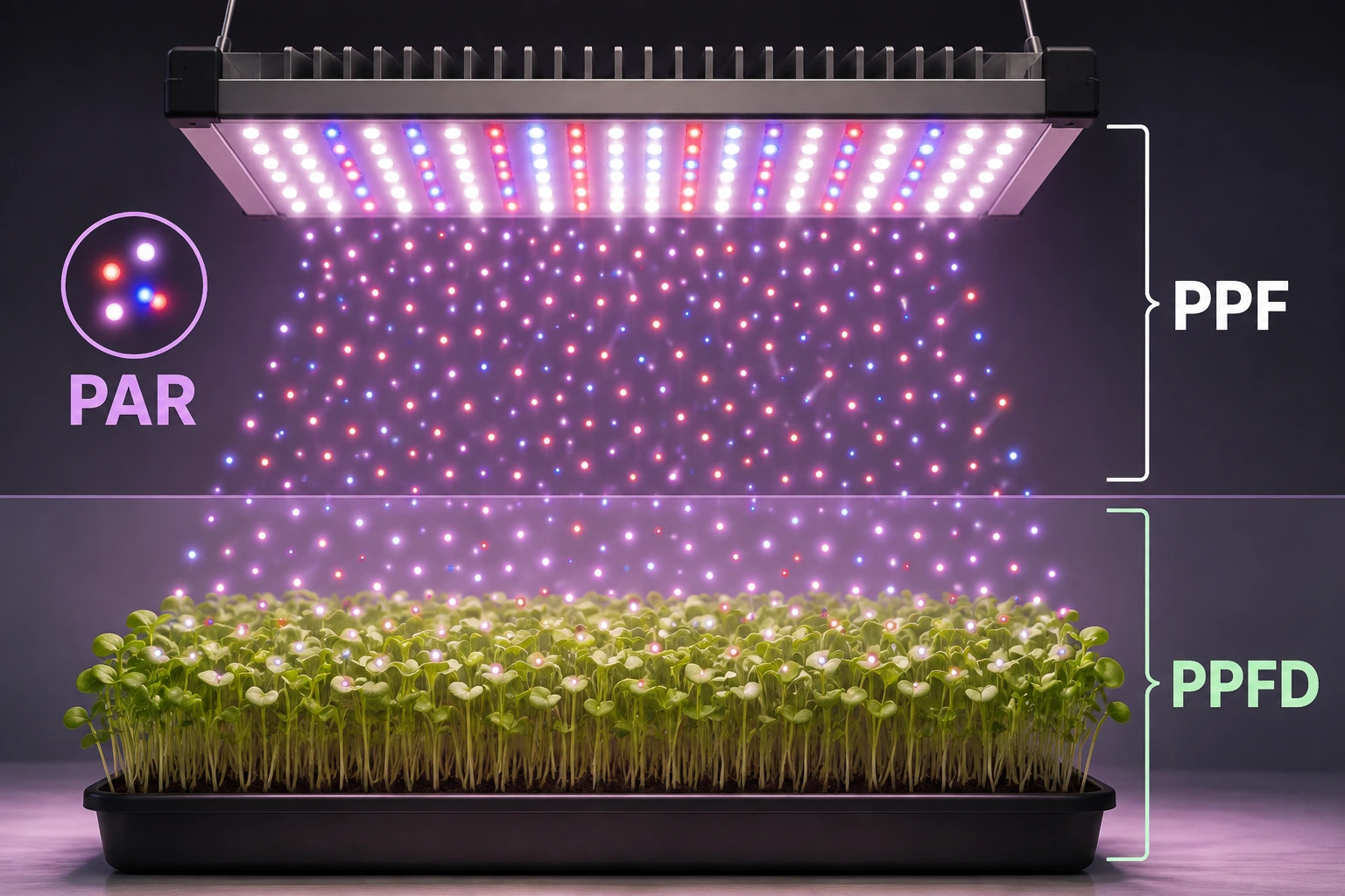 Diagram showing PAR light from an LED grow light, total PPF output from the fixture, and PPFD reaching the plant canopy