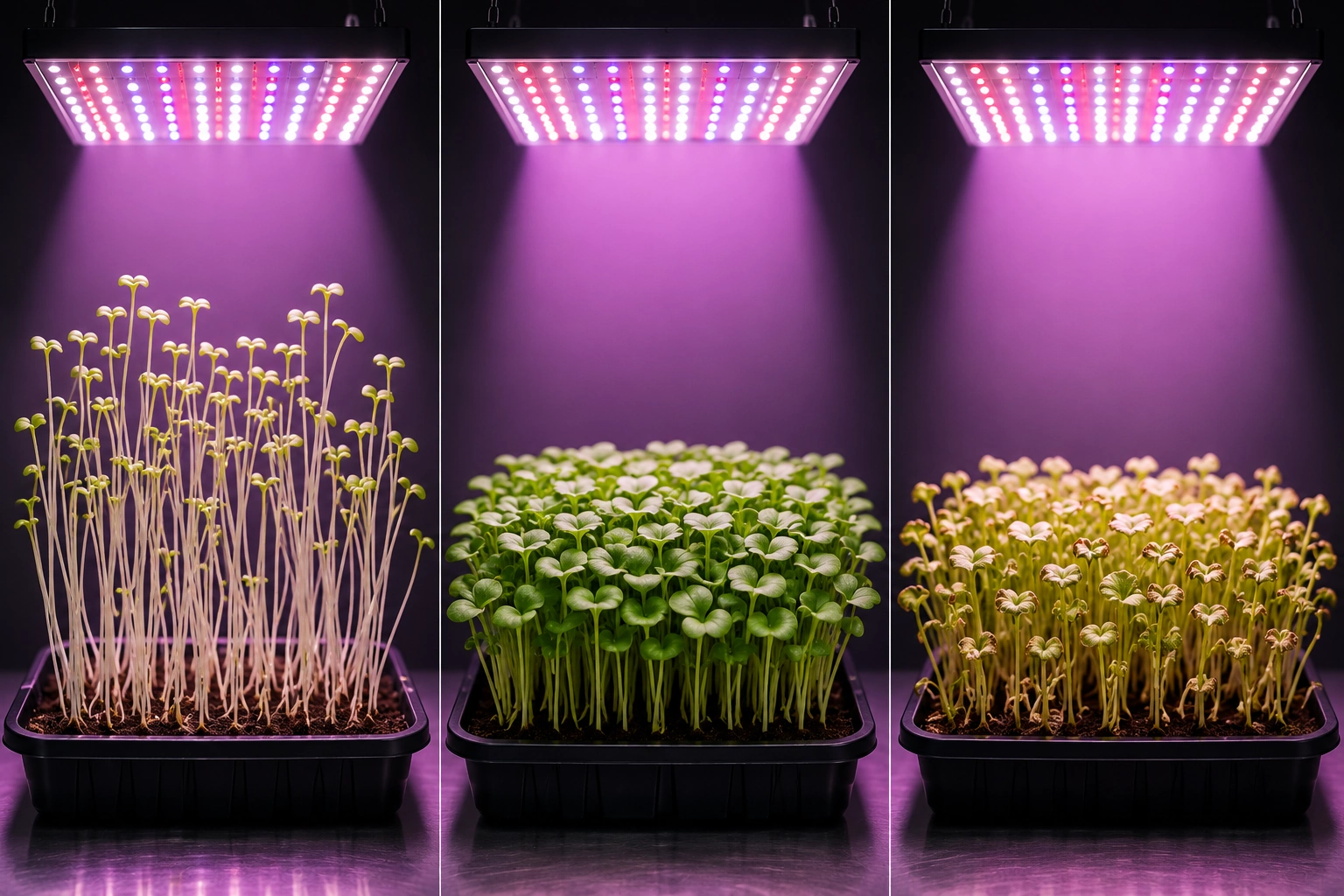 Comparison of stretched seedlings, healthy compact growth, and plants showing stress from excessive light