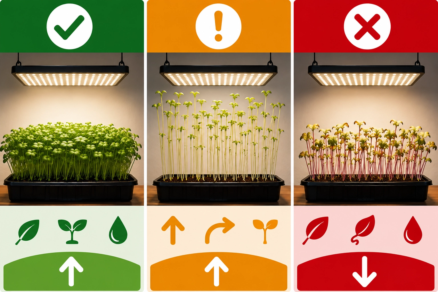 Comparison of healthy compact growth, stretching from too little light, and stressed growth from too much light