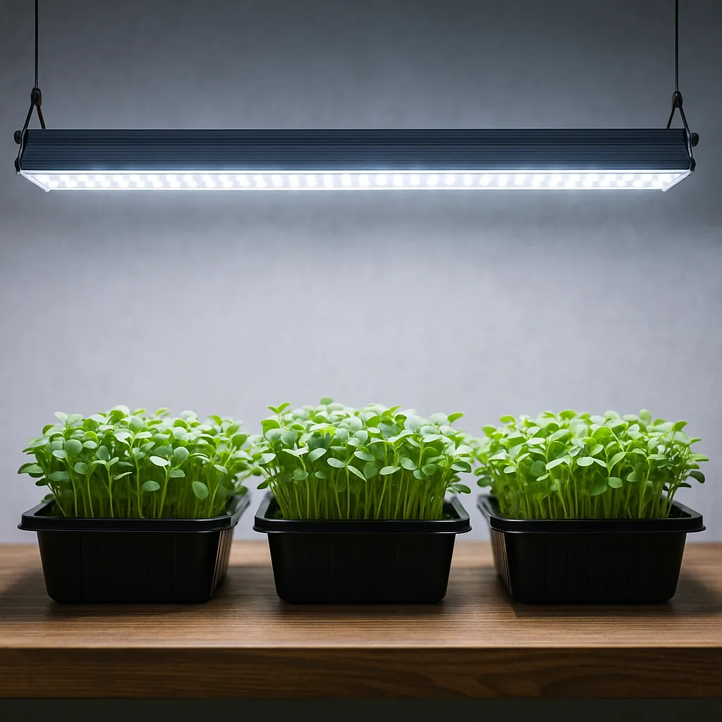 LED grow lights over microgreens in trays