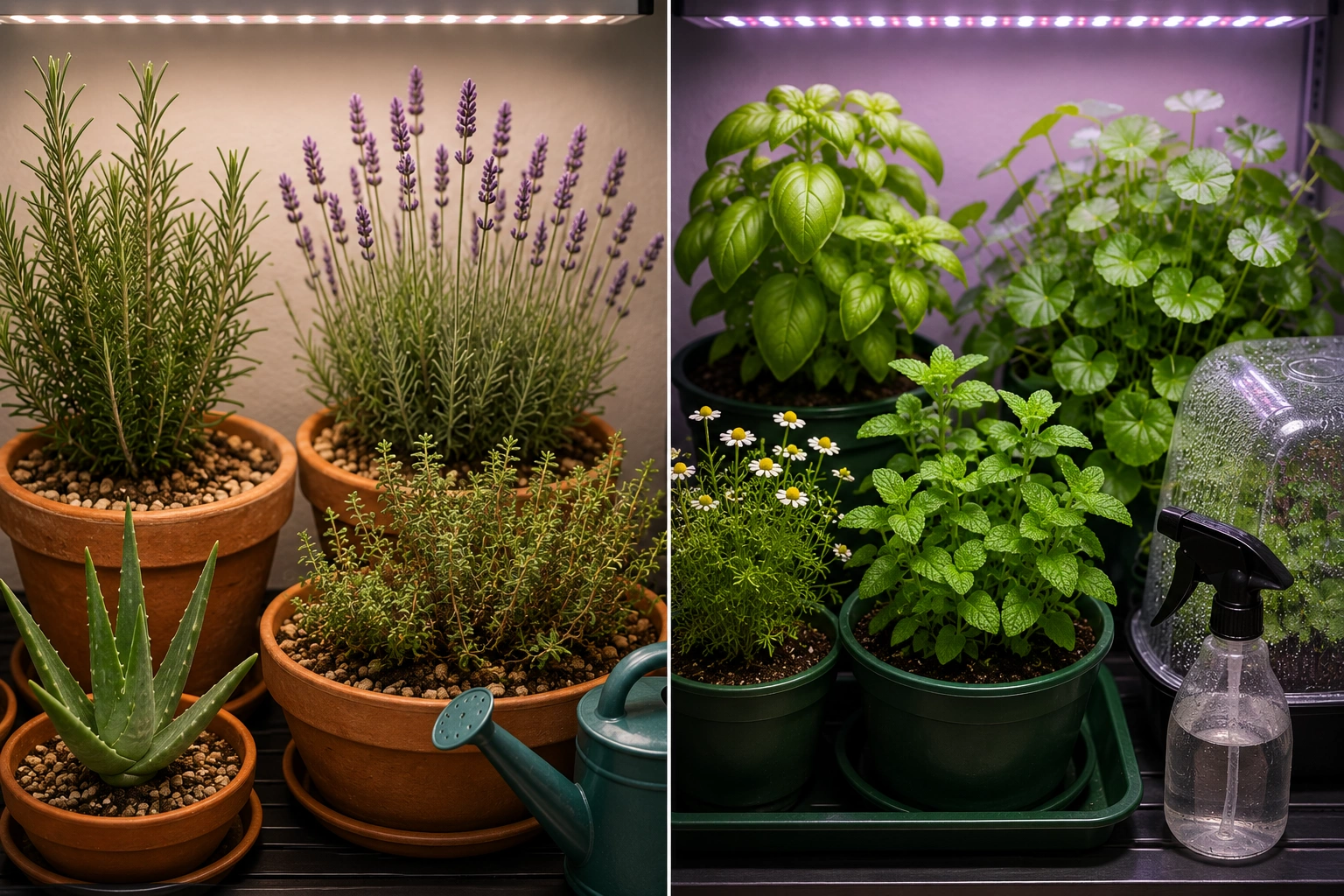 Comparison of dry Mediterranean herbs in fast-draining soil and moisture-loving herbs in richer, more humid growing conditions
