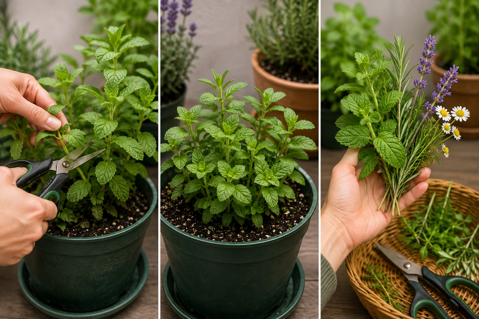Indoor herb harvesting showing selective pruning, healthy regrowth, and freshly cut herbs