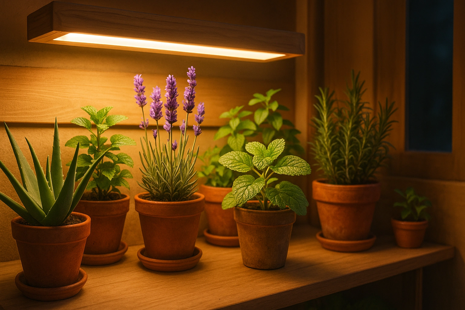 Cozy indoor shelf of potted healing herbs illuminated by warm LED grow lights