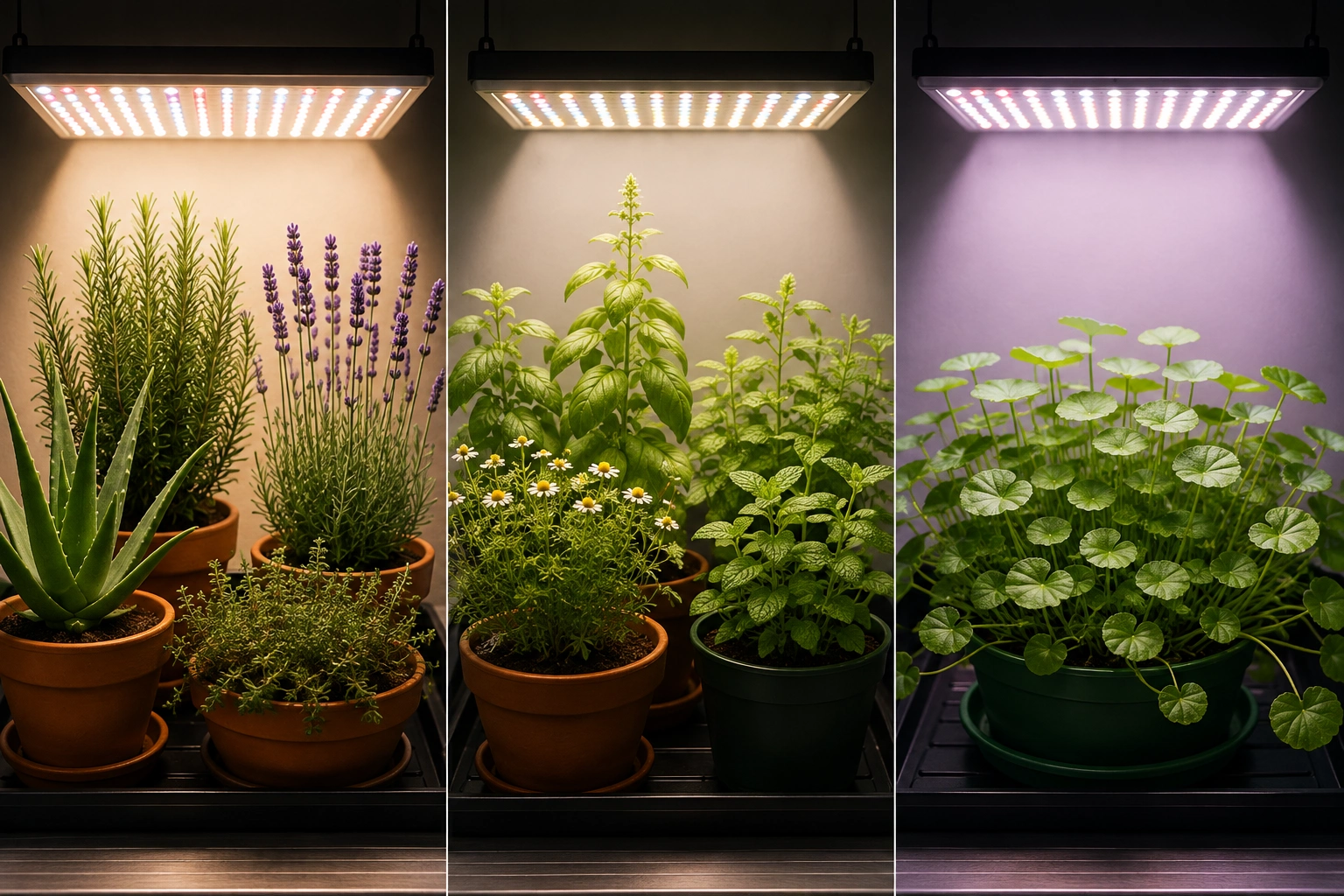 Indoor herbs grouped under different LED light levels, from high-light herbs to moderate-light and softer-light plants