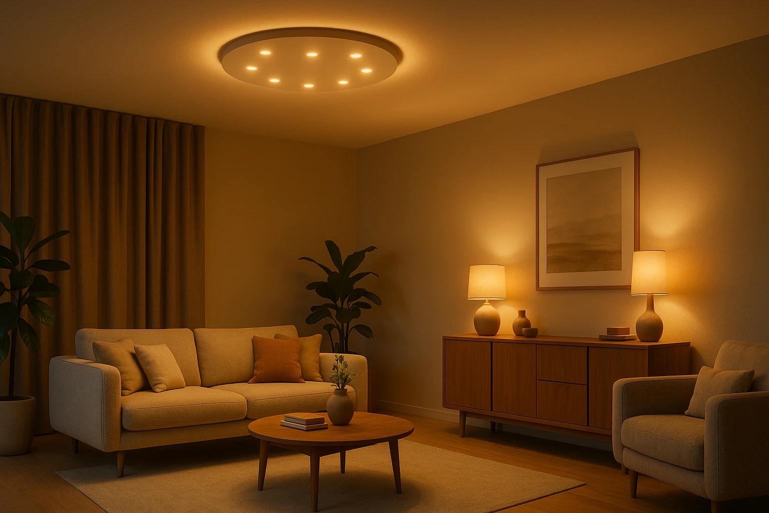 Contemporary living room with circadian LED ceiling light