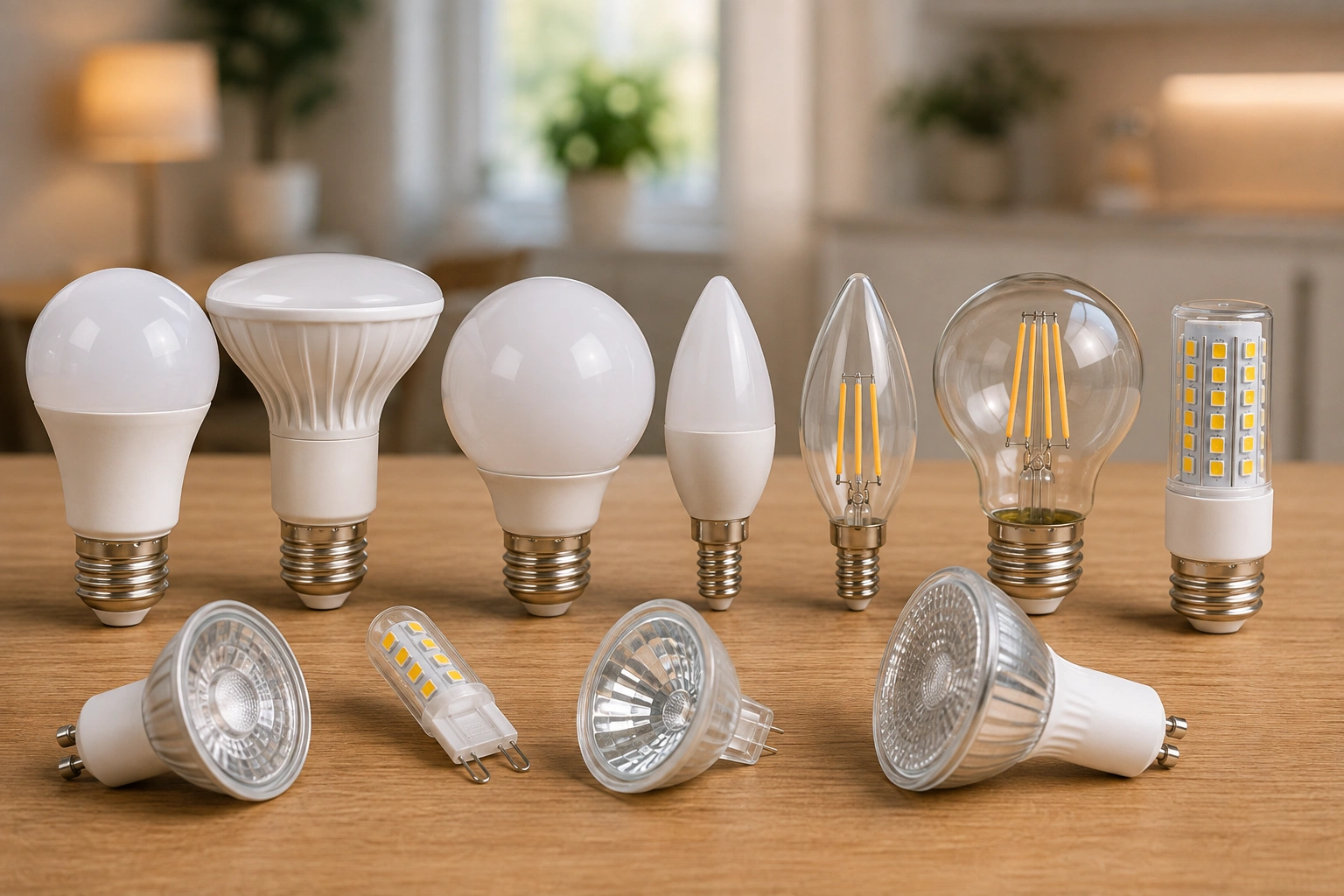 Assortment of LED bulb shapes and bases including standard, reflector, globe, candle, filament, and pin-base styles