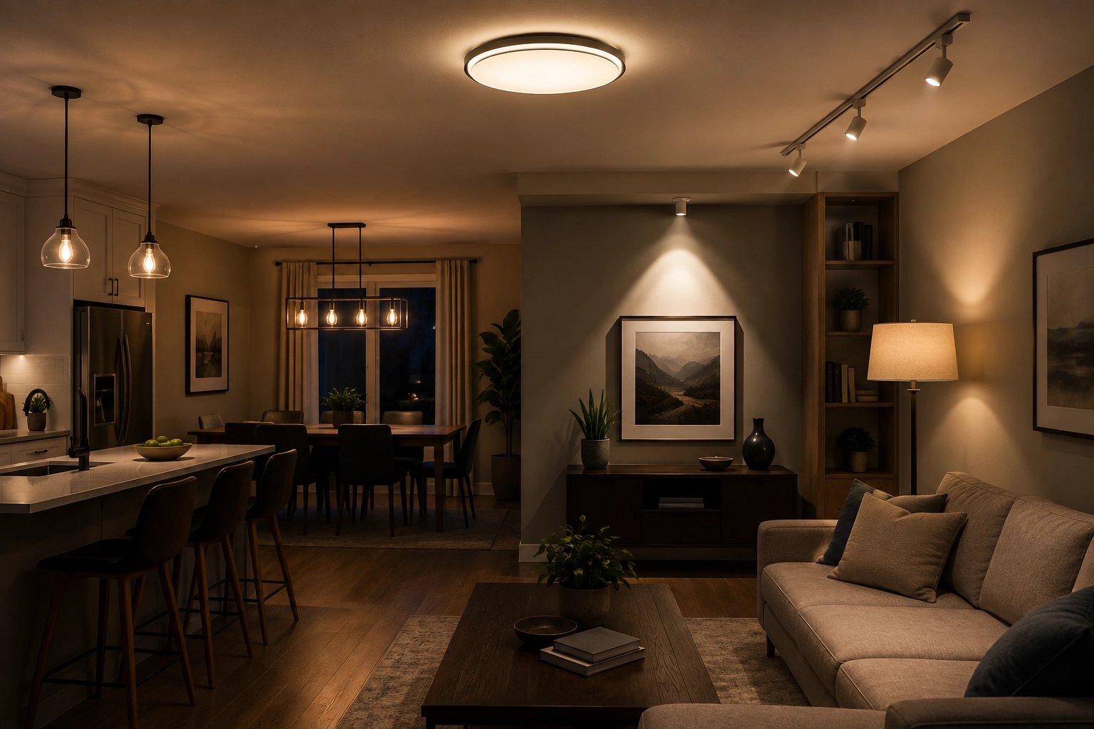 Modern interior showing broad ambient lighting, focused task lighting, and narrow accent lighting