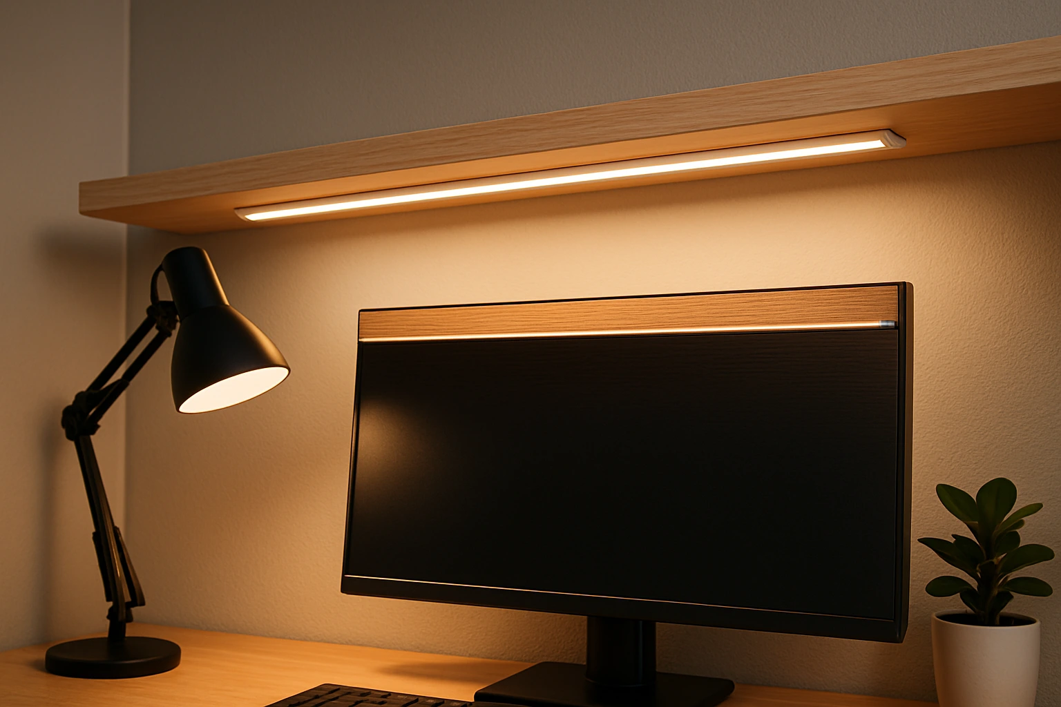 LED strip mounted on desk shelf
