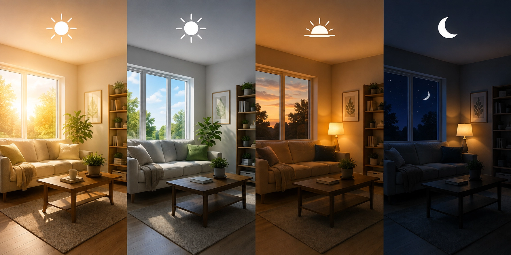 Same living room shown through morning, daytime, evening, and night with changing natural and artificial light