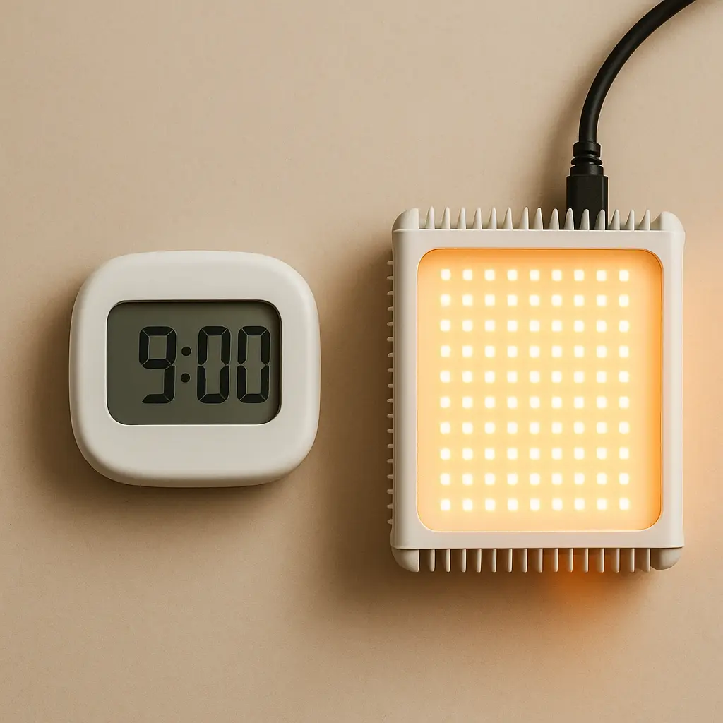 Clock and LED light icons representing a scheduler