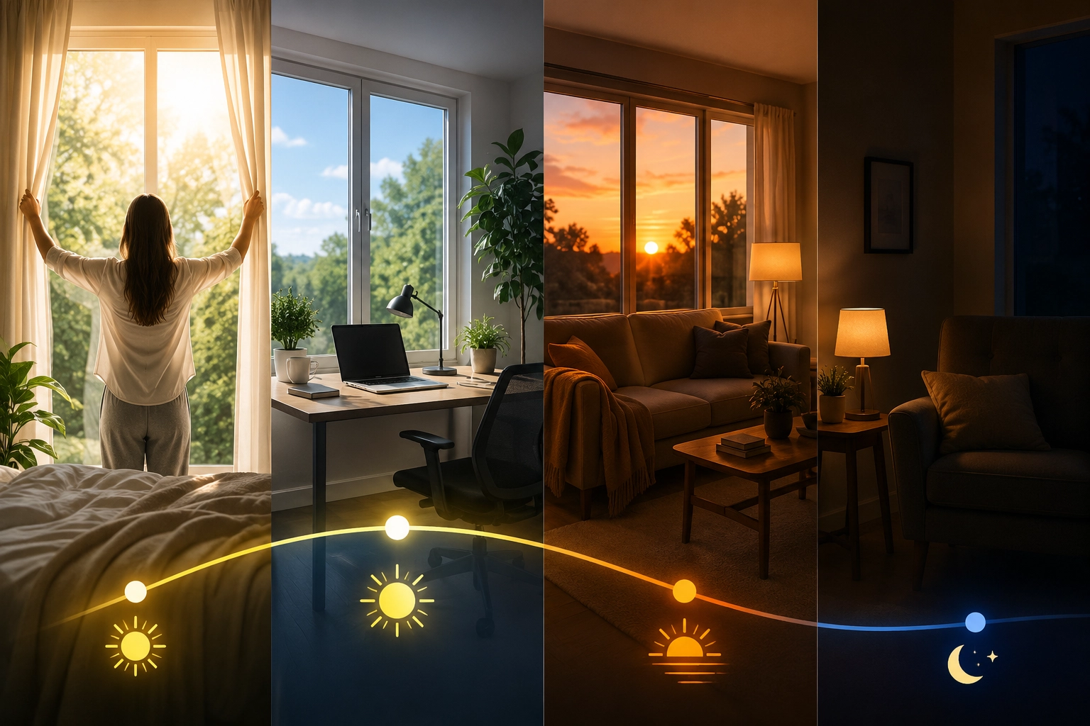 Daily lighting rhythm from bright morning and daytime light to warm evening light and darkness at night