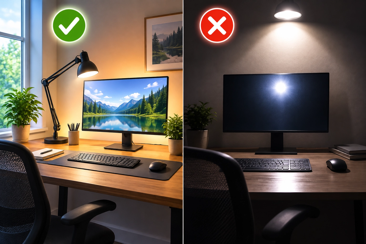 Comparison of comfortable balanced workspace lighting and harsh overhead lighting with screen glare