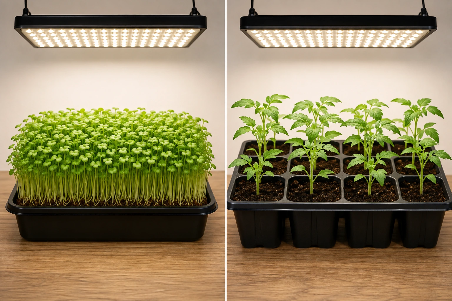 Dense microgreens in a shallow tray beside spaced seedlings growing in deeper individual cells