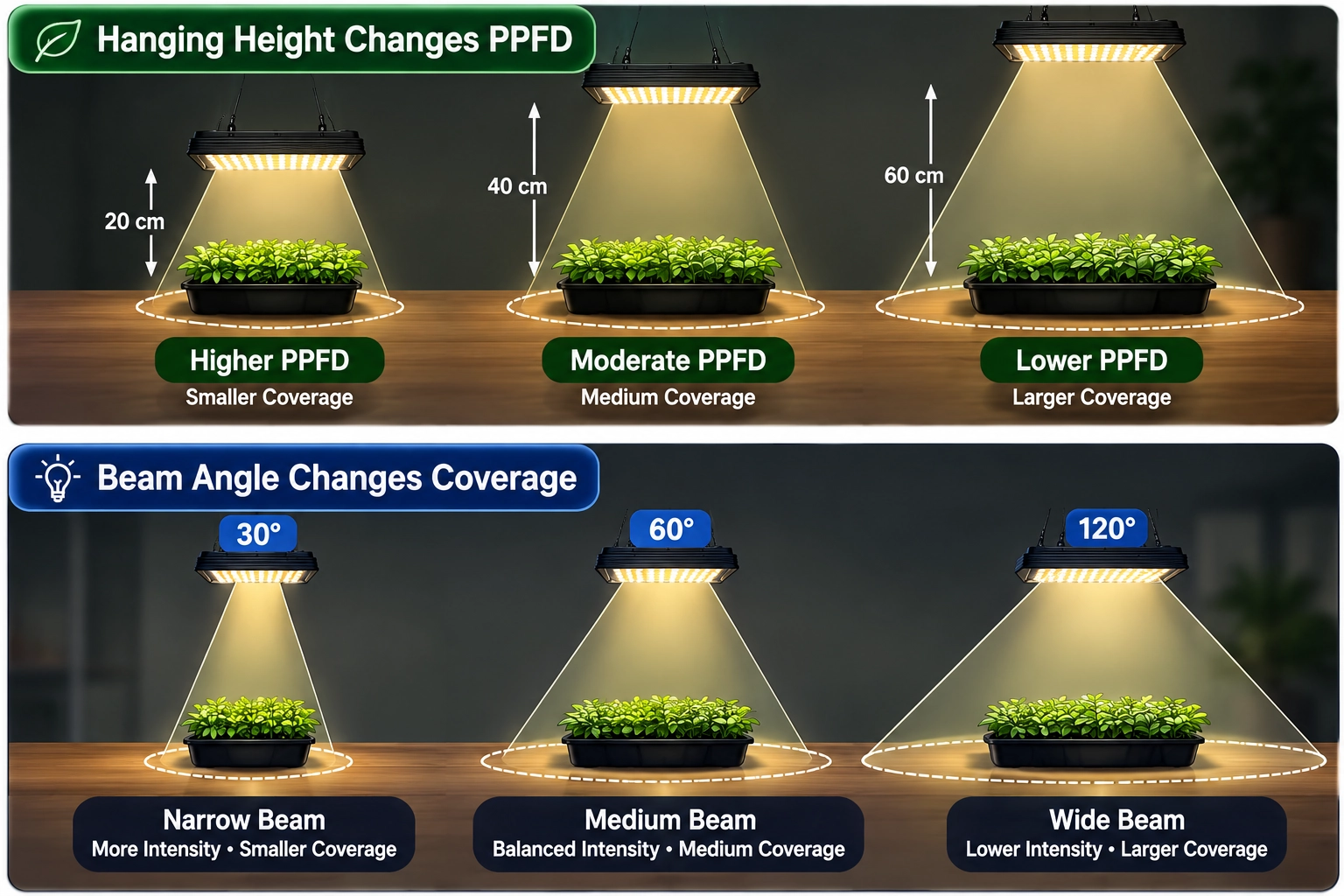 PAR grow light diagram showing how hanging height and beam angle affect PPFD intensity and coverage