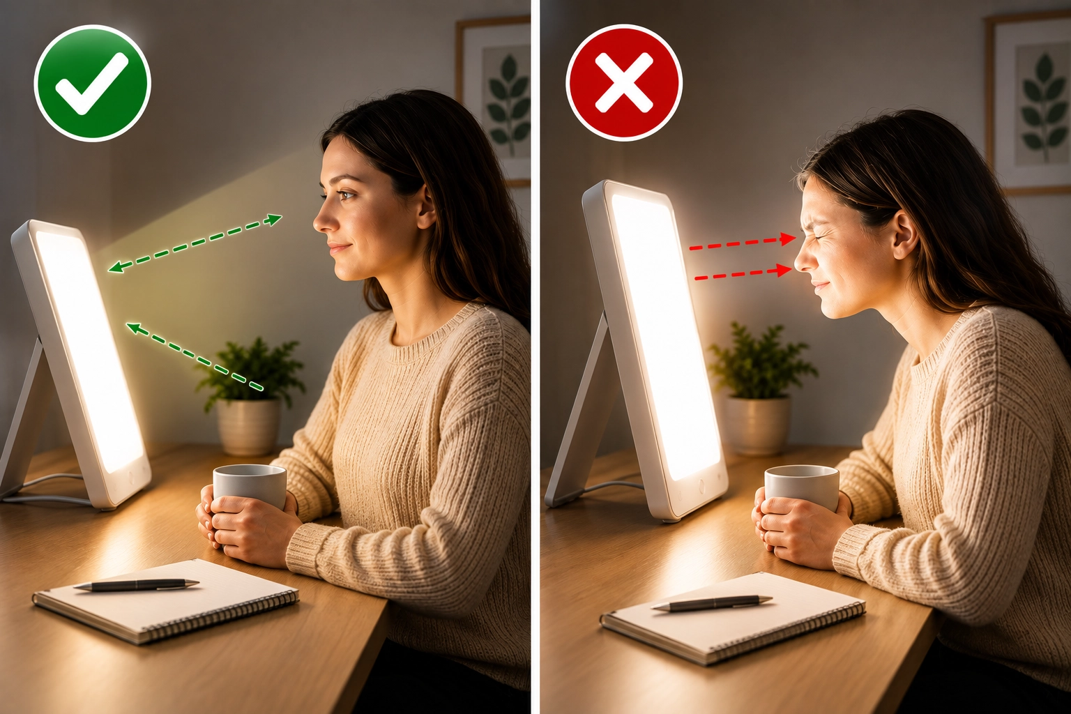Comparison of correct off-axis light therapy positioning and incorrect direct staring into the light