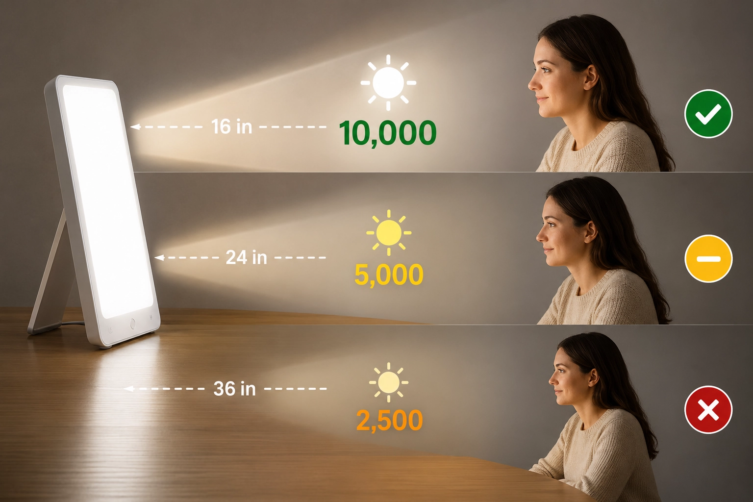 Light therapy illustration showing how lux intensity decreases as distance from the light box increases