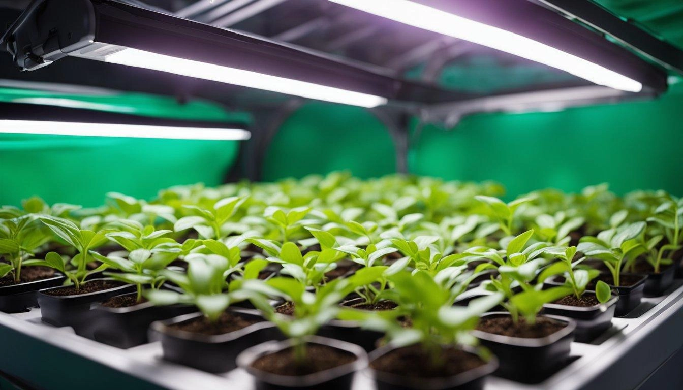 Young seedlings growing under LED lights after germination