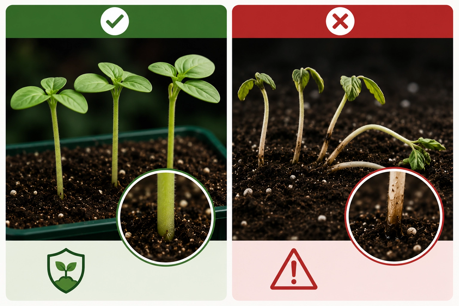 Comparison of healthy seedlings and seedlings affected by damping-off at the soil line