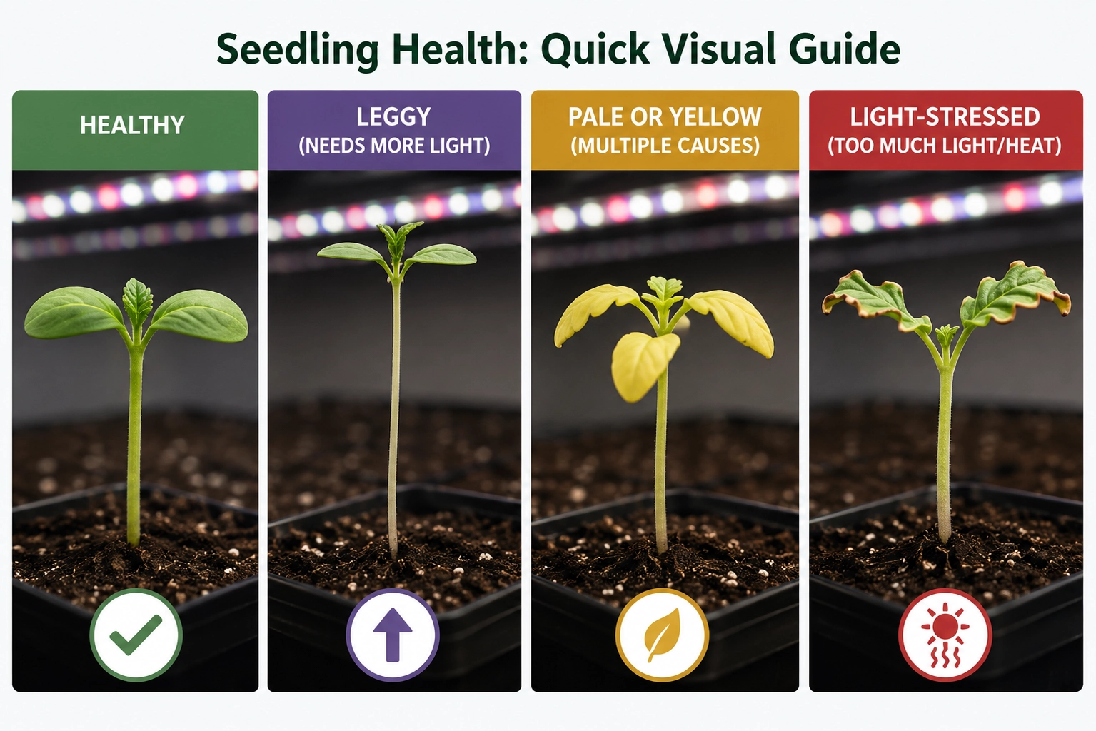 Visual comparison of healthy, leggy, pale or yellow, and light-stressed seedlings