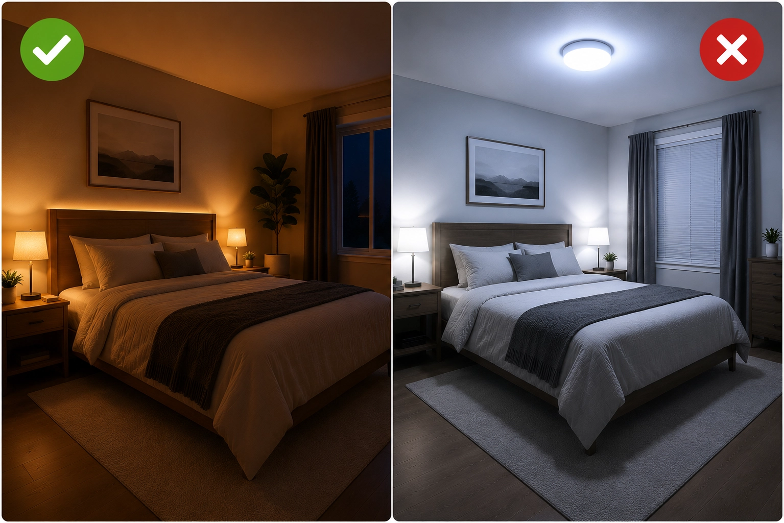 Comparison of sleep-friendly warm dim bedroom lighting and bright cool overhead bedroom lighting