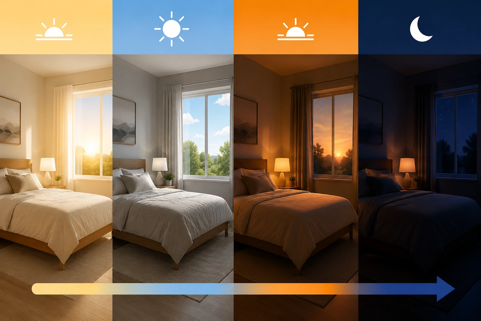 Bedroom lighting progression from bright morning and daytime light to warm evening light and darkness at night
