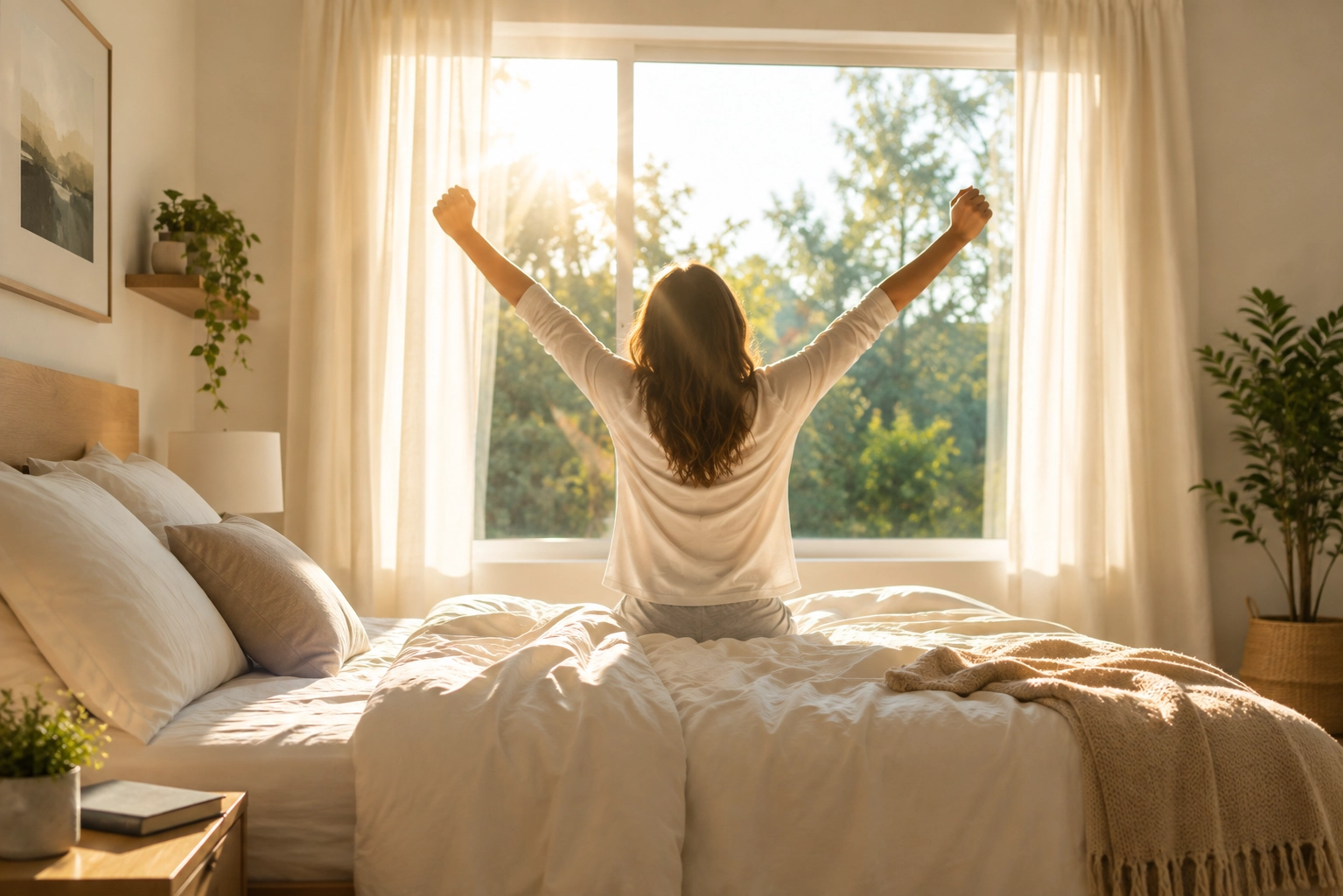 Bright morning daylight filling a bedroom as a person wakes