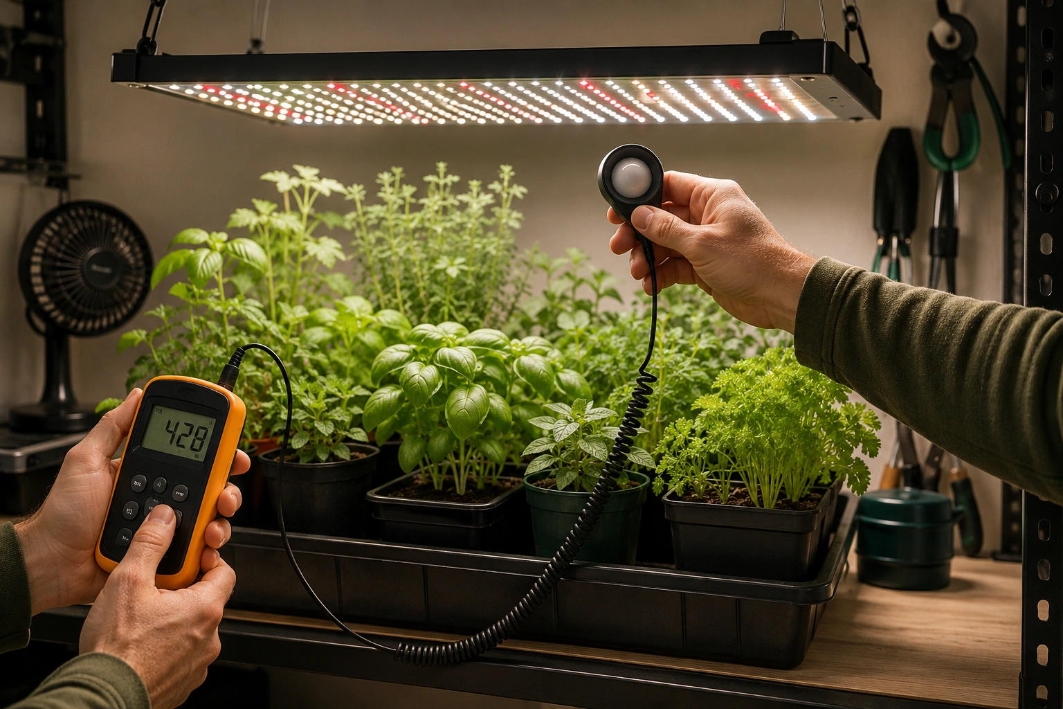 Handheld light meter measuring intensity at plant canopy level beneath an LED grow light