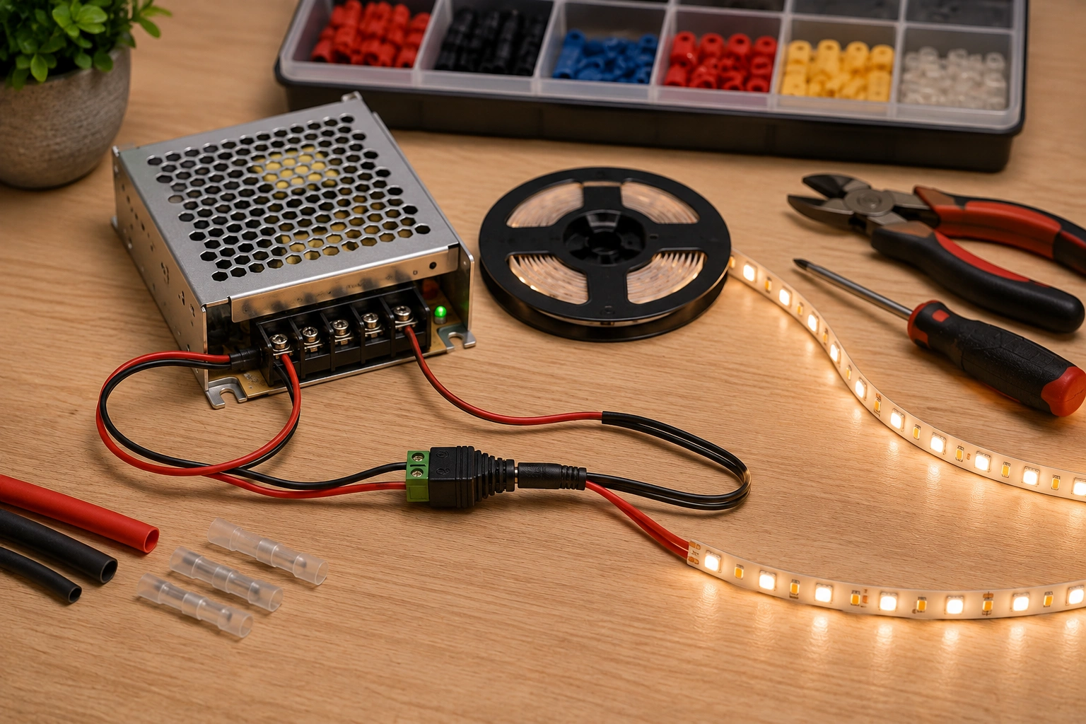 Low-voltage LED strip connected to a matching power supply on a workbench
