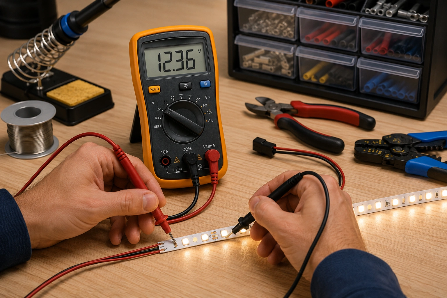 Digital multimeter measuring voltage on a powered low-voltage LED strip at a workbench