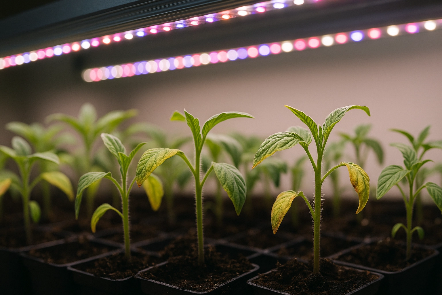 Seedlings under LED with signs of stress
