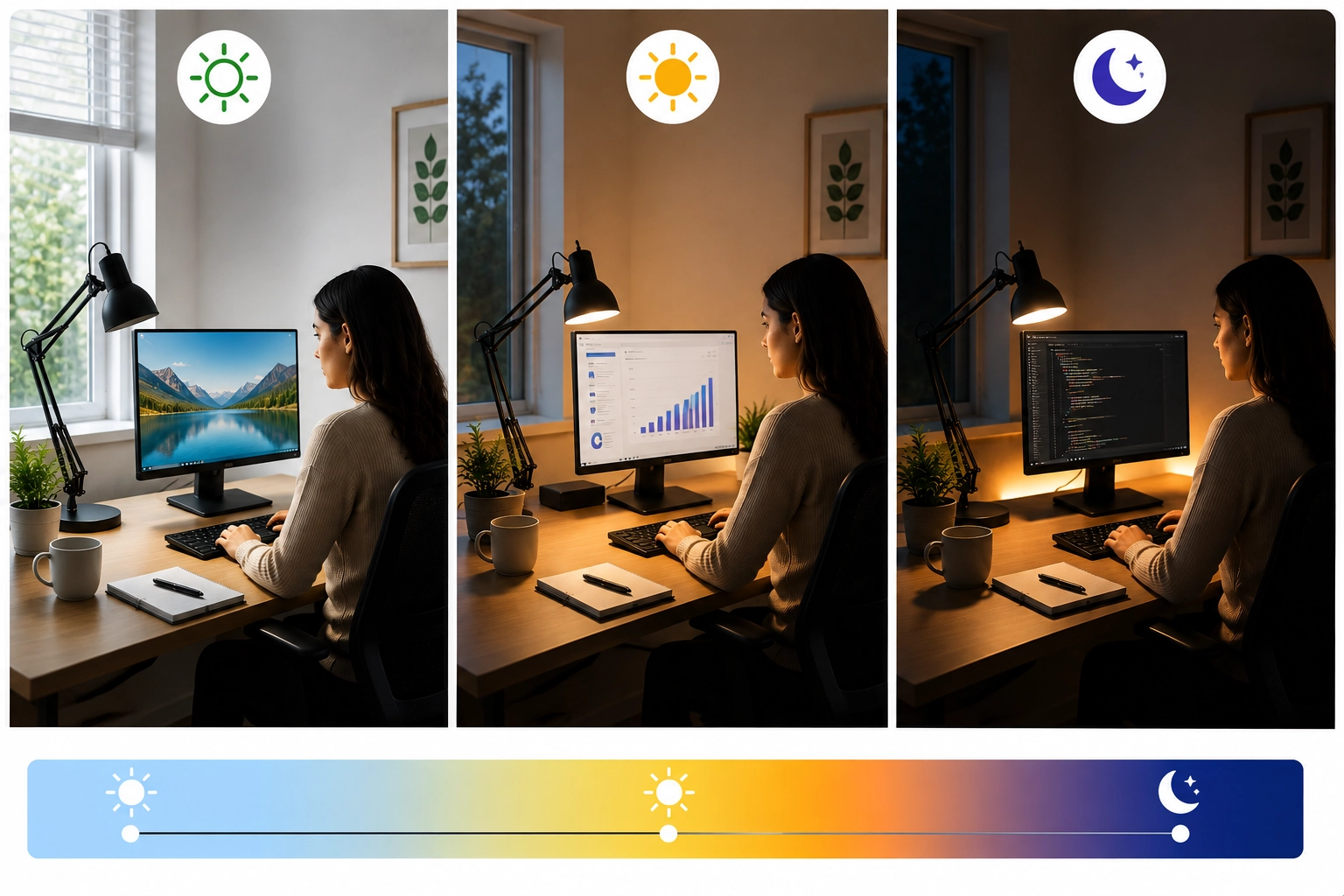 Workspace lighting progression from bright daytime light to warmer dimmer evening light