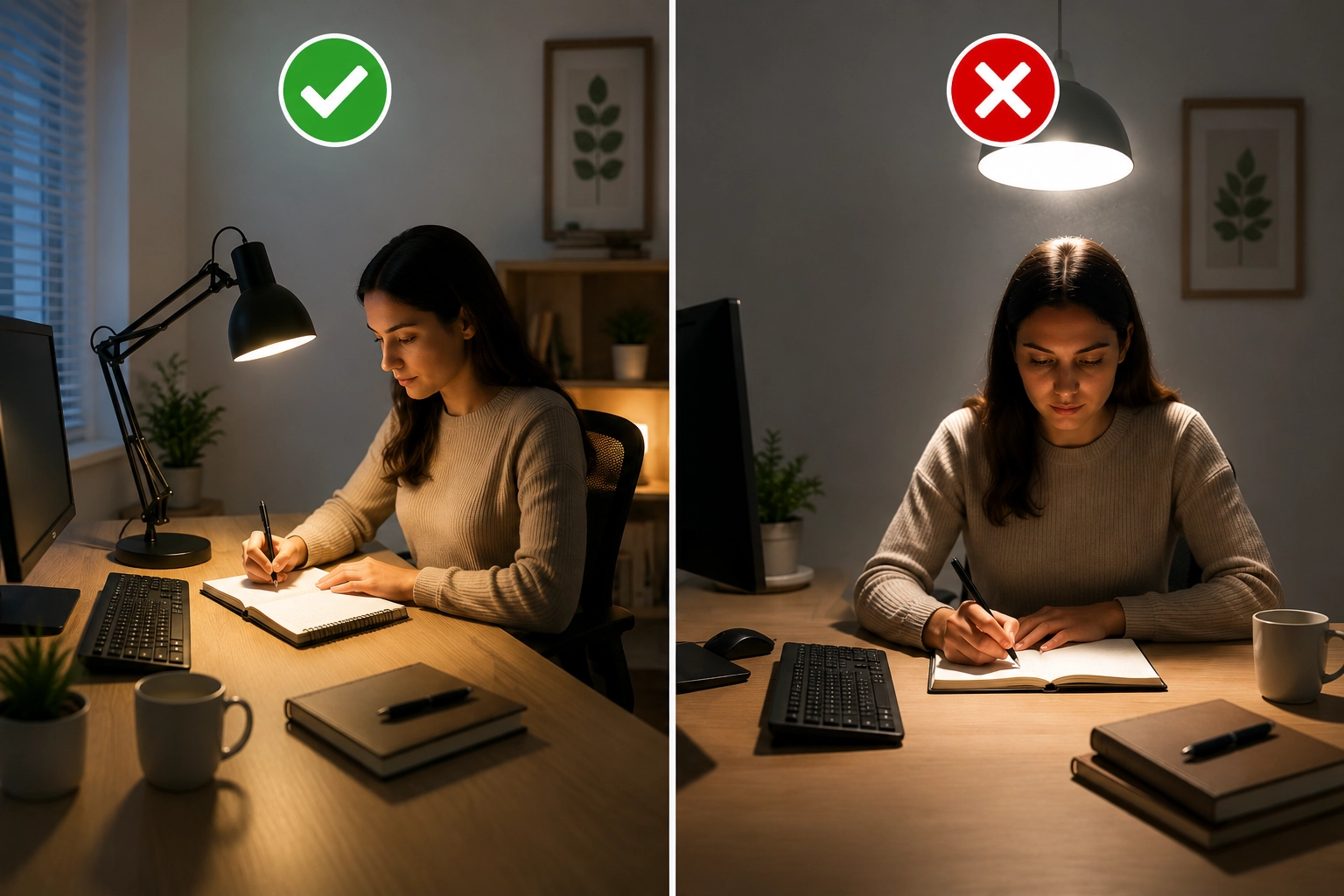 Comparison of good side-positioned desk lighting and poor overhead lighting that creates glare and shadows