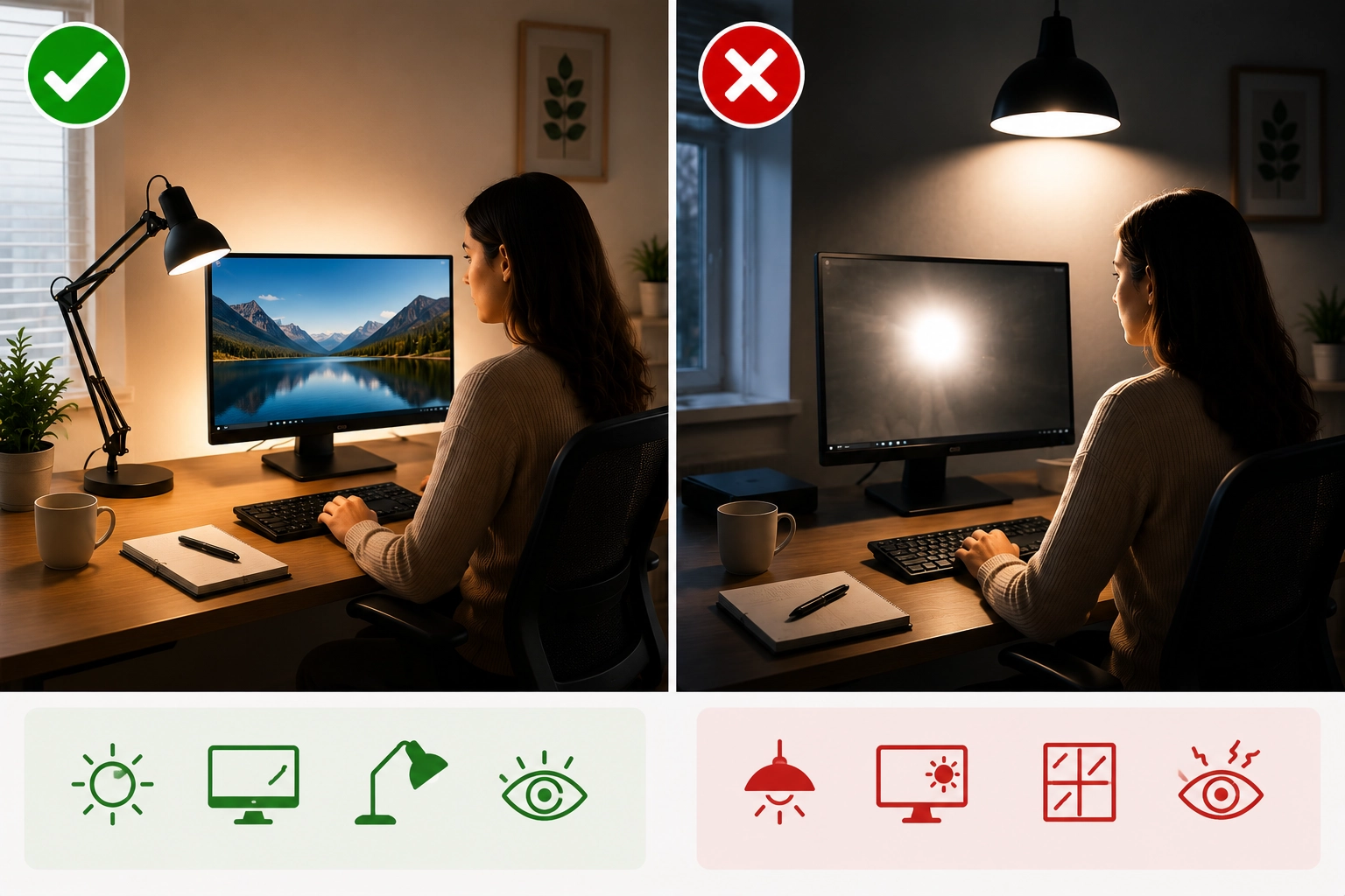 Comparison of balanced monitor lighting and poor screen glare with harsh overhead lighting